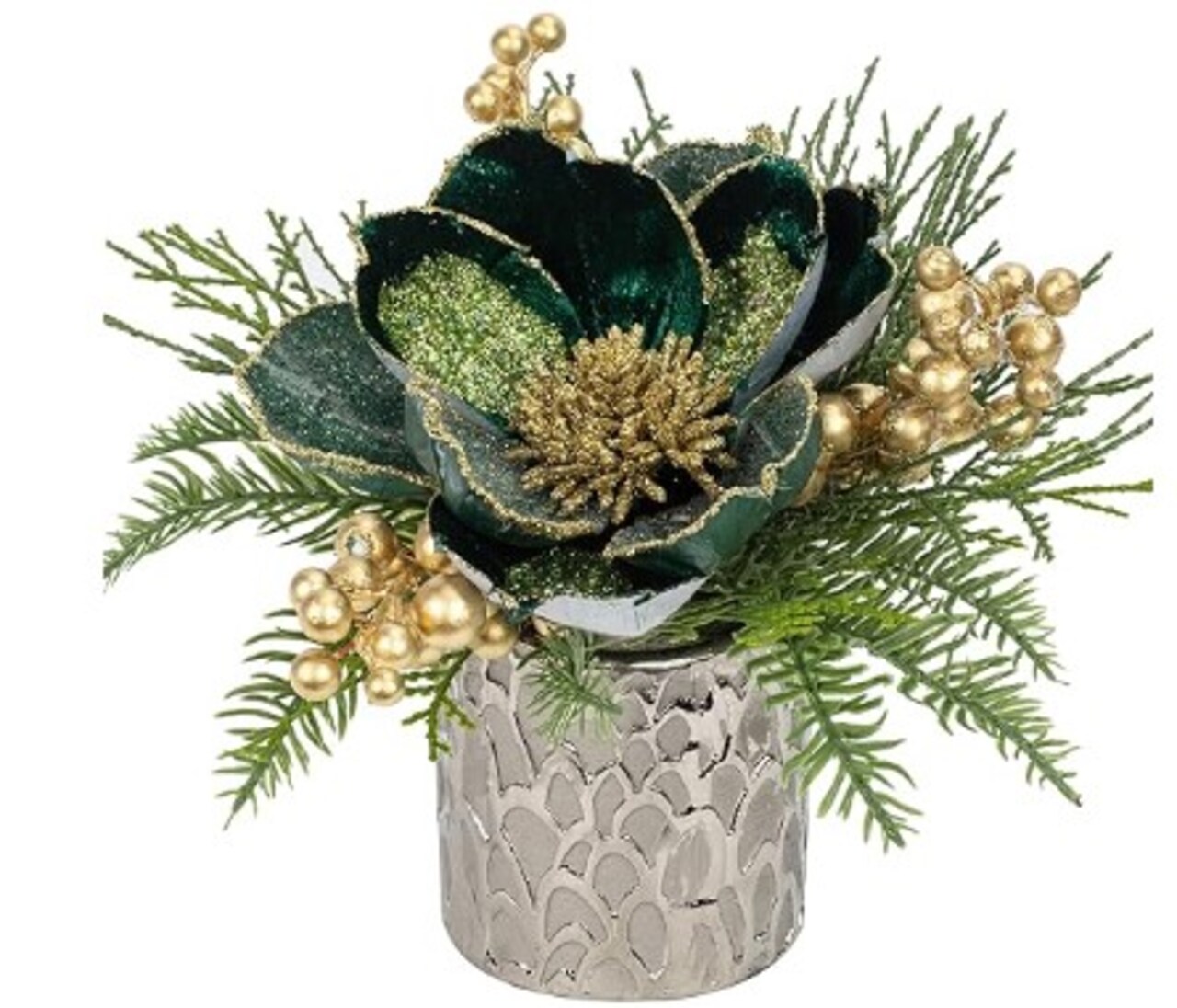 9" Glitter Magnolia Flower Golden Berries Fir Greenery Artificial Christmas Floral Centrepiece in Silver Ceramic Pot TableTop Christmas Table Arrangement Decor